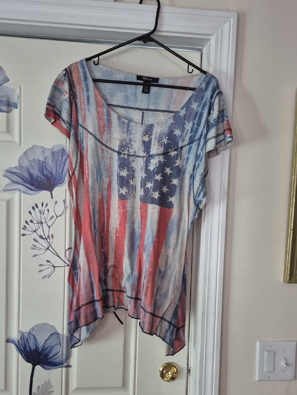 Womens Red, White & Blue Flag Print Short Sleeve Top